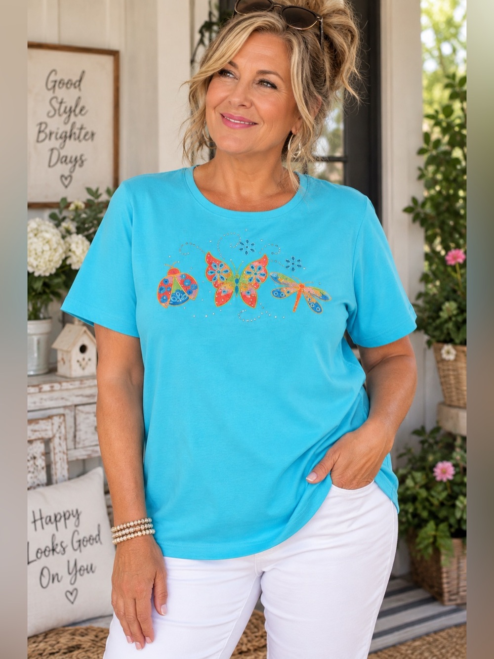 Women's Turquoise Short-Sleeve Tee with Colorful Butterfly Motif